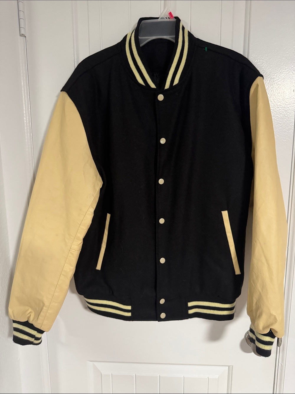 Men's Black Bomber Varsity Jacket with Cream Sleeves